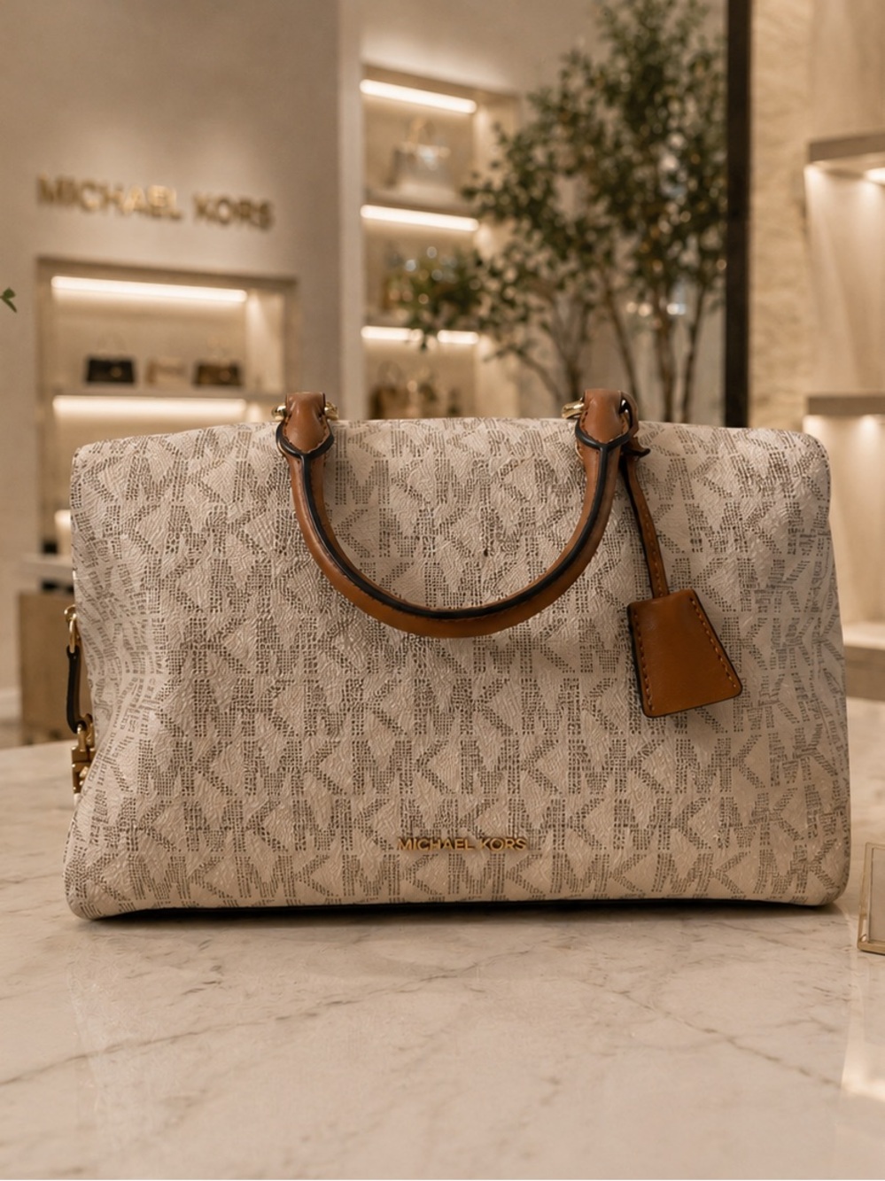 MICHAEL Michael Kors Cream Signature Logo Satchel with Tan Trim